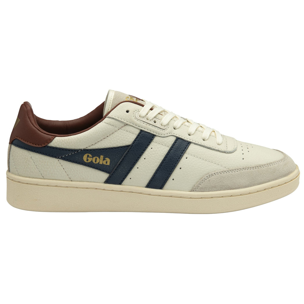 A single white trainer with blue stripes and a brown heel on a white background.