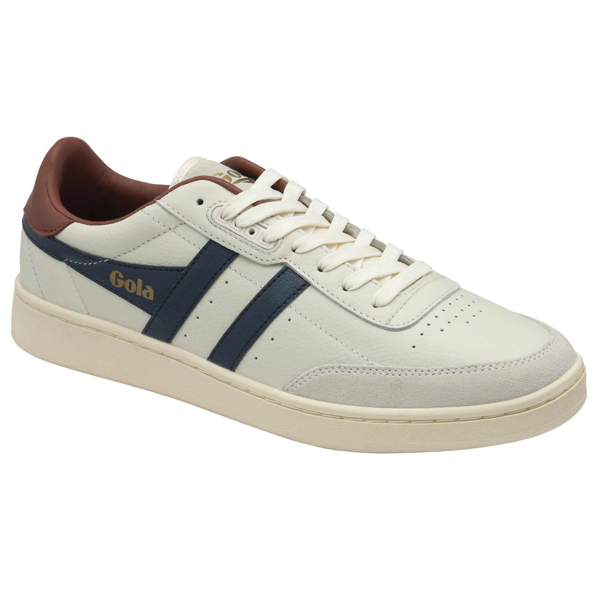 A white and blue Gola trainer against a white background.