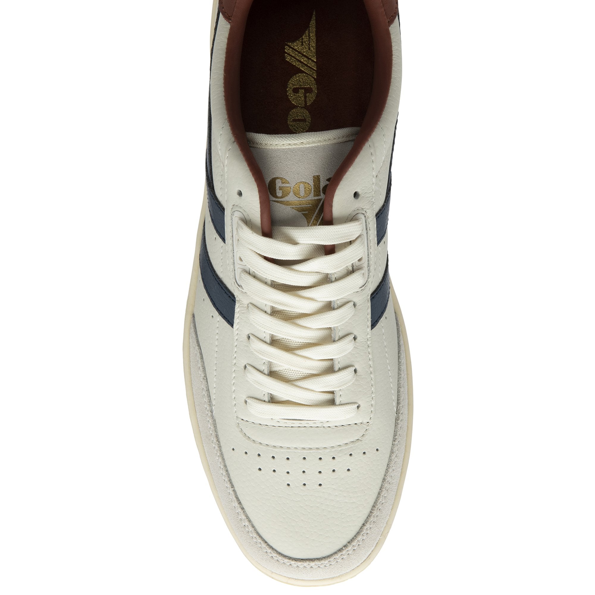 The toe of a white Gola trainer with blue stripes against a white background.