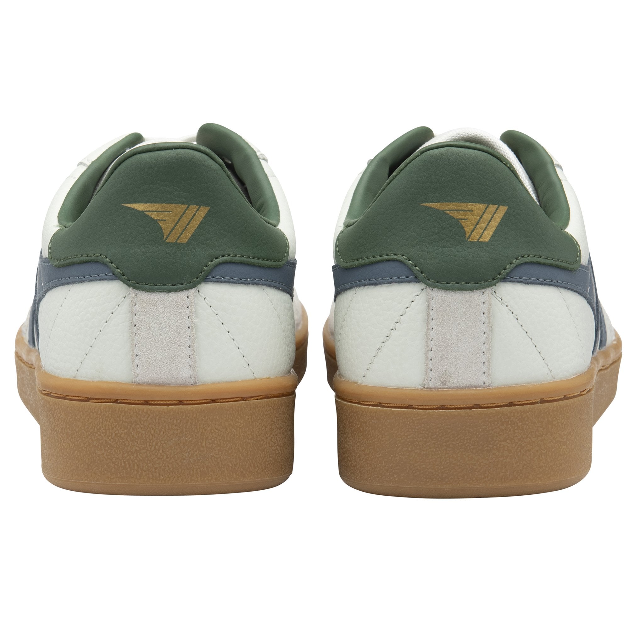 The back view of a pair of white Gola sneakers with green accents.