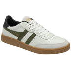 A left Gola men's sneaker, off-white with green stripes, black collar, and a gum sole.