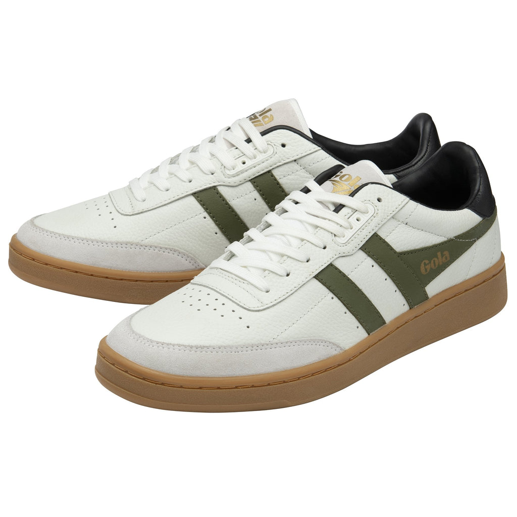 A pair of Gola men's sneakers, off-white with green stripes, black collars, and gum soles.