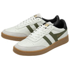 A pair of Gola men's sneakers, off-white with green stripes, black collars, and gum soles.