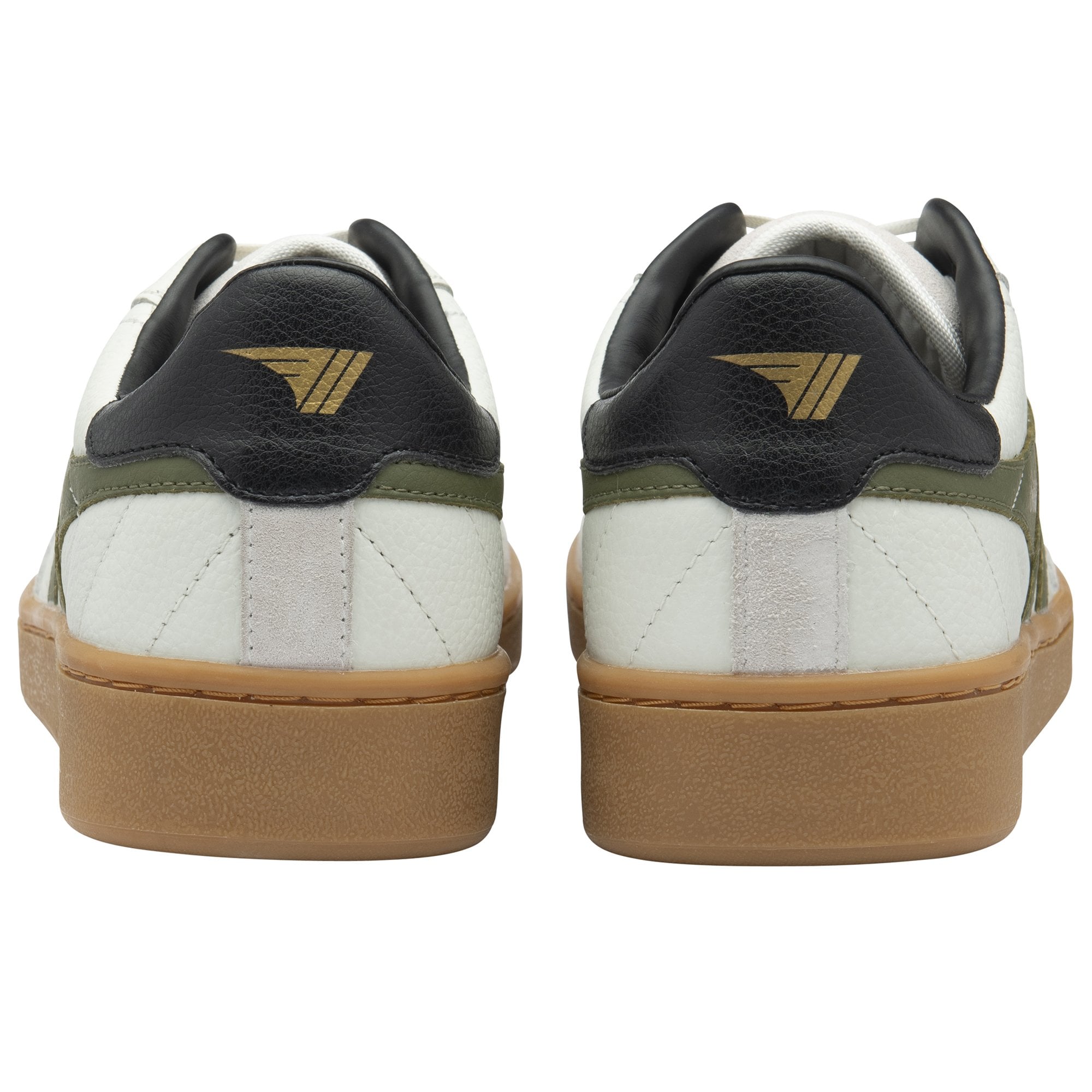 The back view of a pair of Gola men's sneakers with black collars and gum soles.