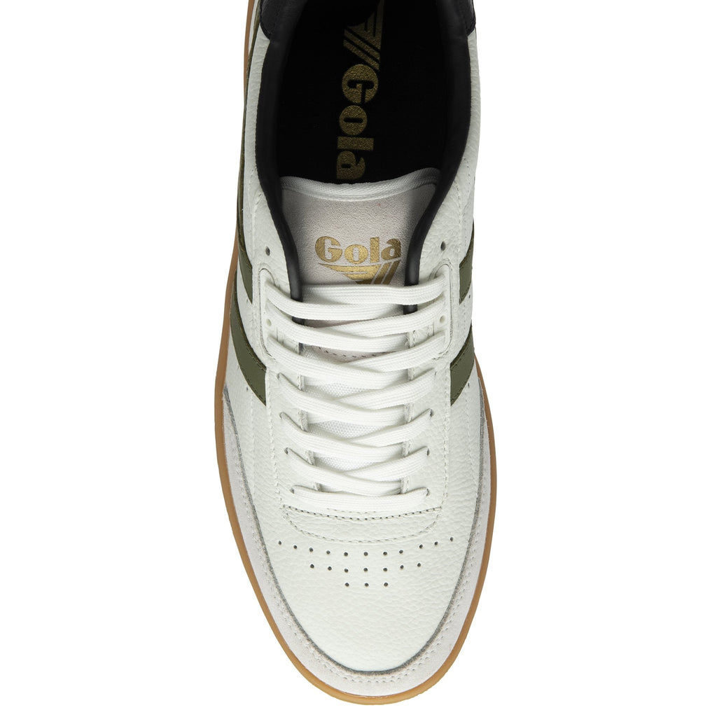 The top-down view of a Gola men's sneaker, off-white with green stripes and a gum sole.