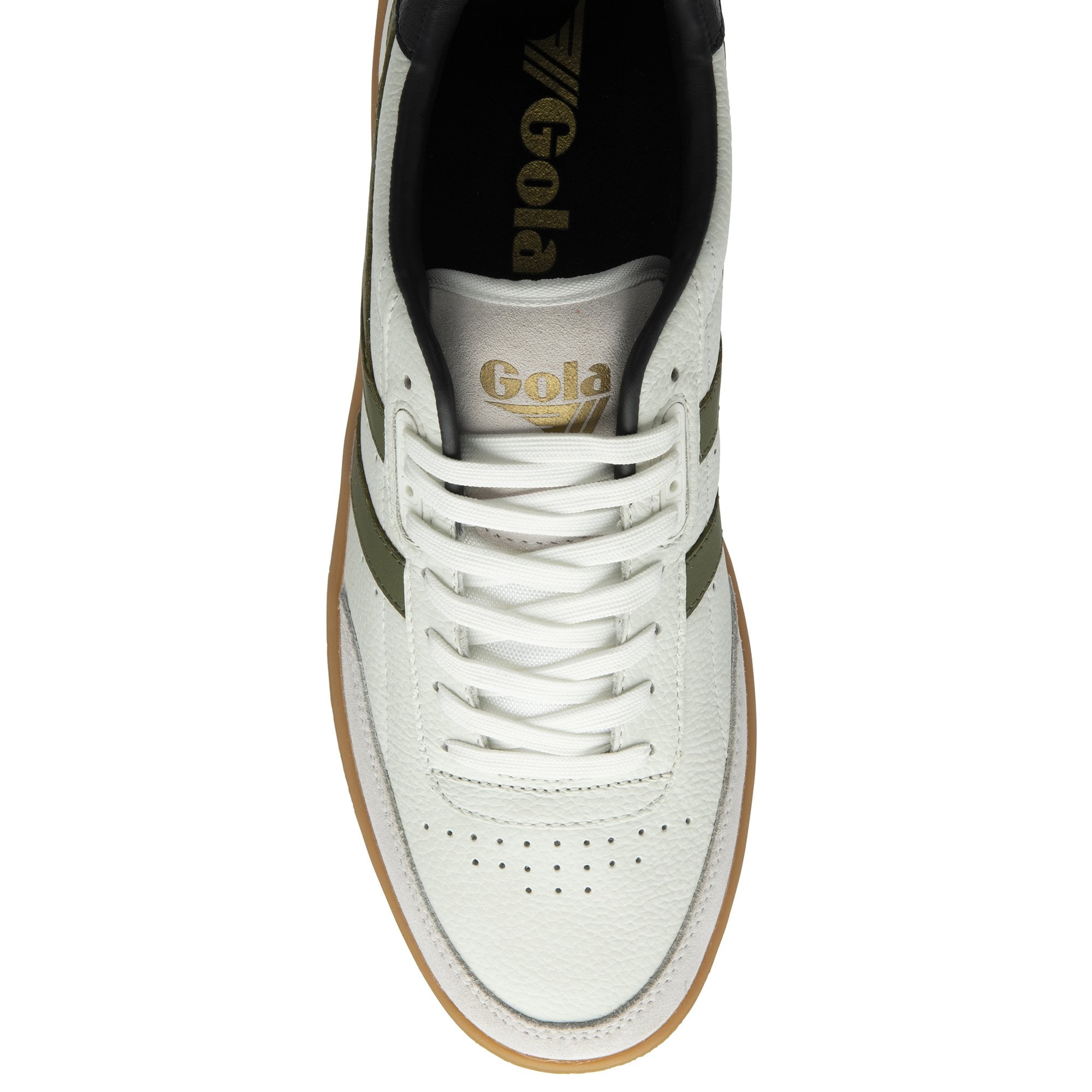 The top-down view of a Gola men's sneaker, off-white with green stripes and a gum sole.