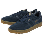 A pair of men's Gola Elan shoes, angled view, in navy with gum soles.