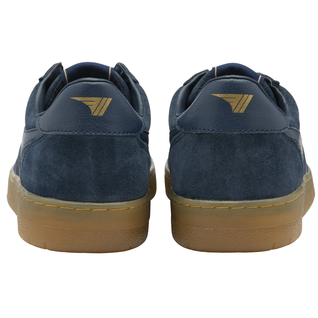 A pair of men's Gola Elan shoes, rear view, in navy with gum soles.