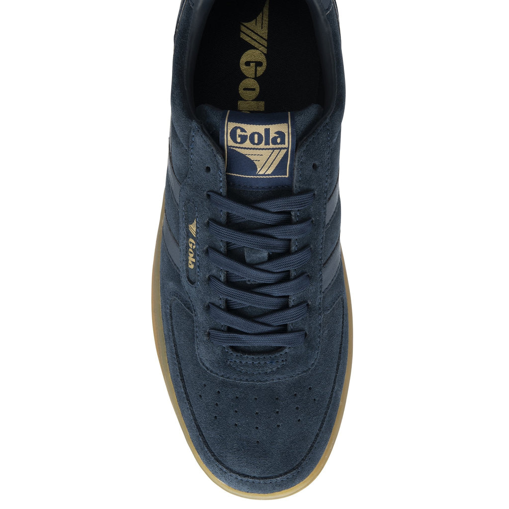 A single men's Gola Elan shoe, top view, in navy with a gum sole.