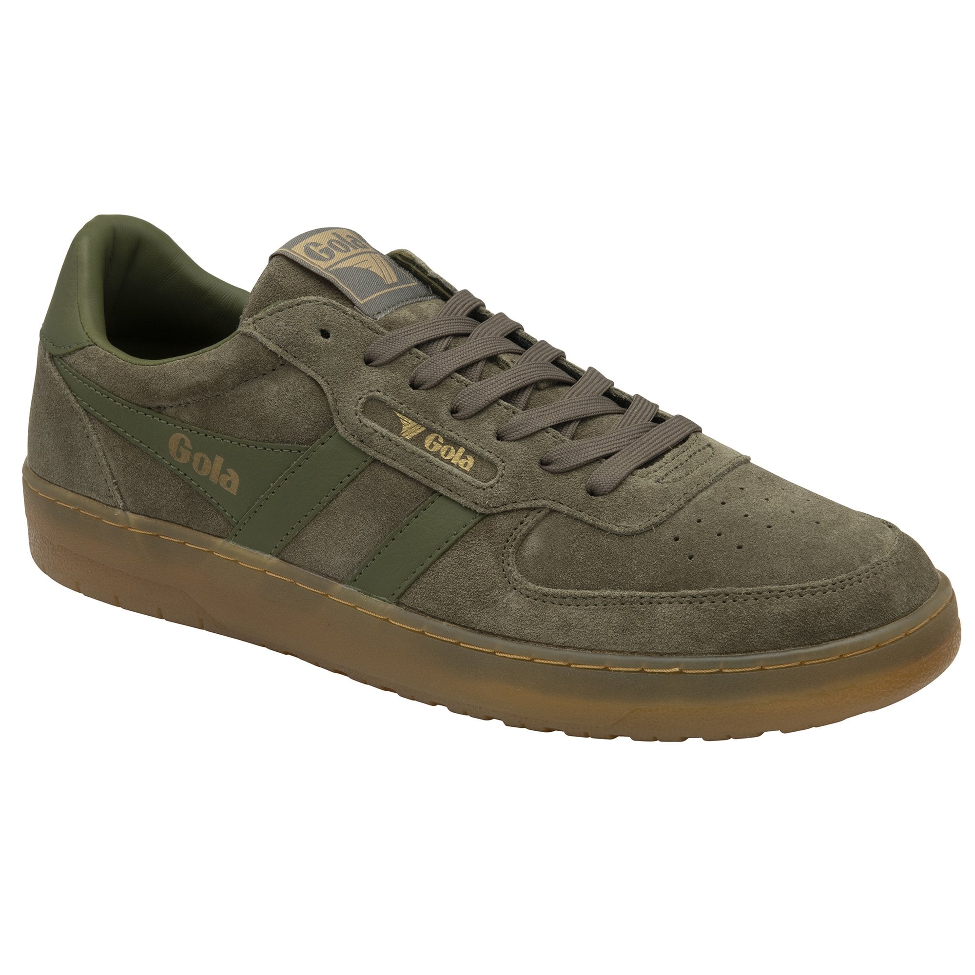 A single Gola low-top sneaker in dark green suede with a gum sole, viewed from an angle.