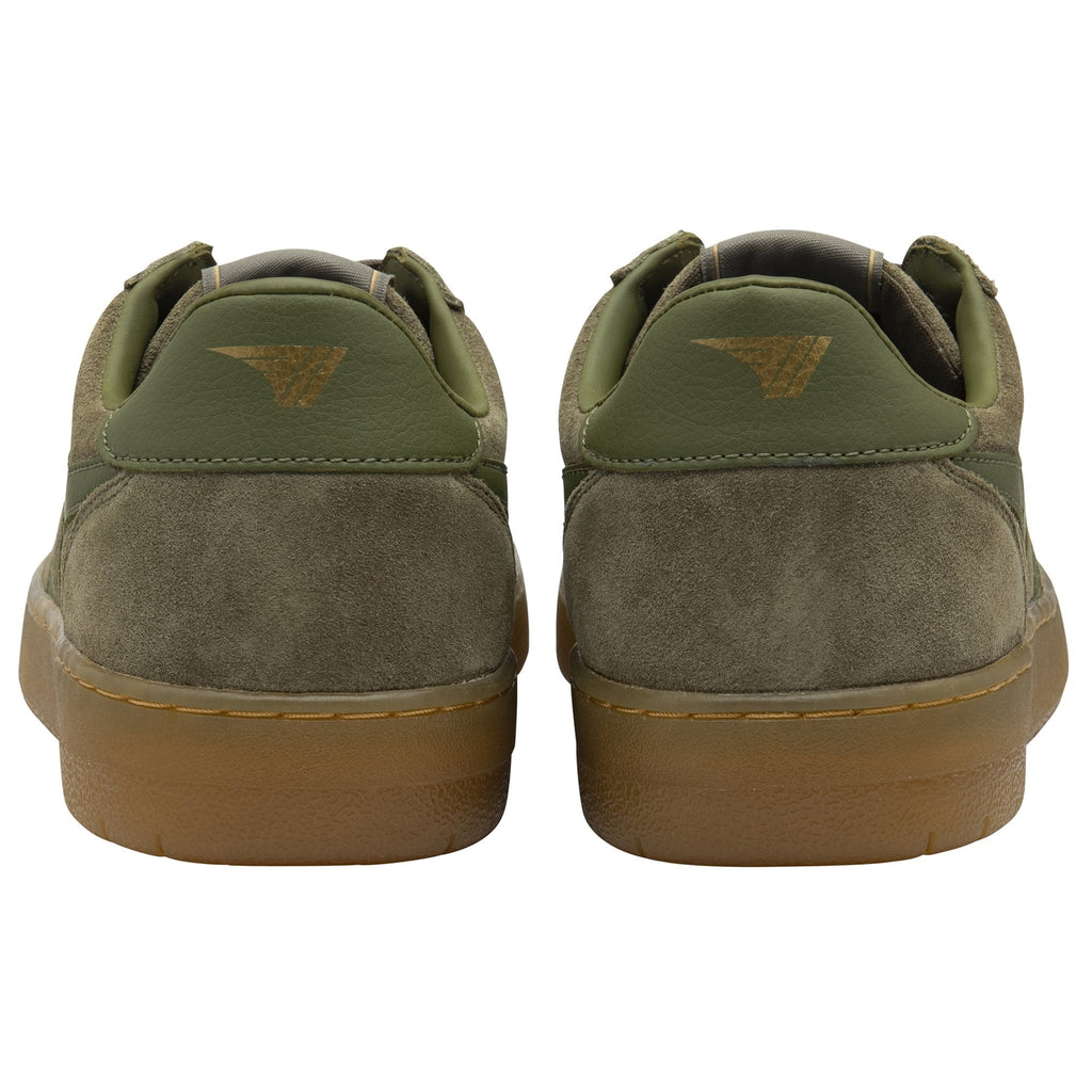 The back view of a pair of Gola low-top sneakers in dark green suede with gum soles.