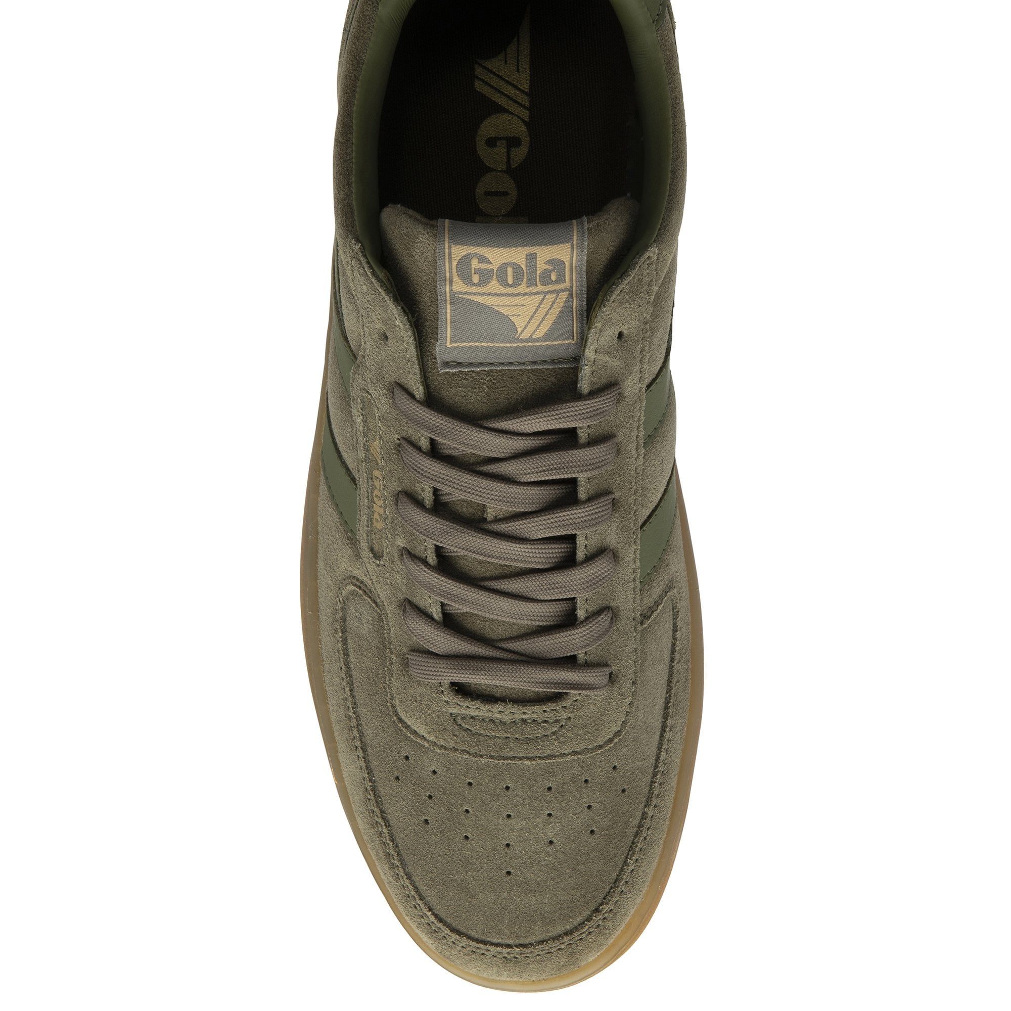 The top-down view of a single Gola low-top sneaker in dark green suede with a gum sole.