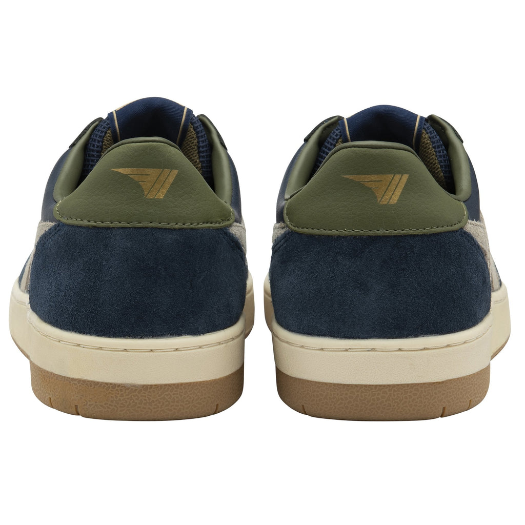 Rear view of a pair of Gola men's sneakers in navy, green, and cream.