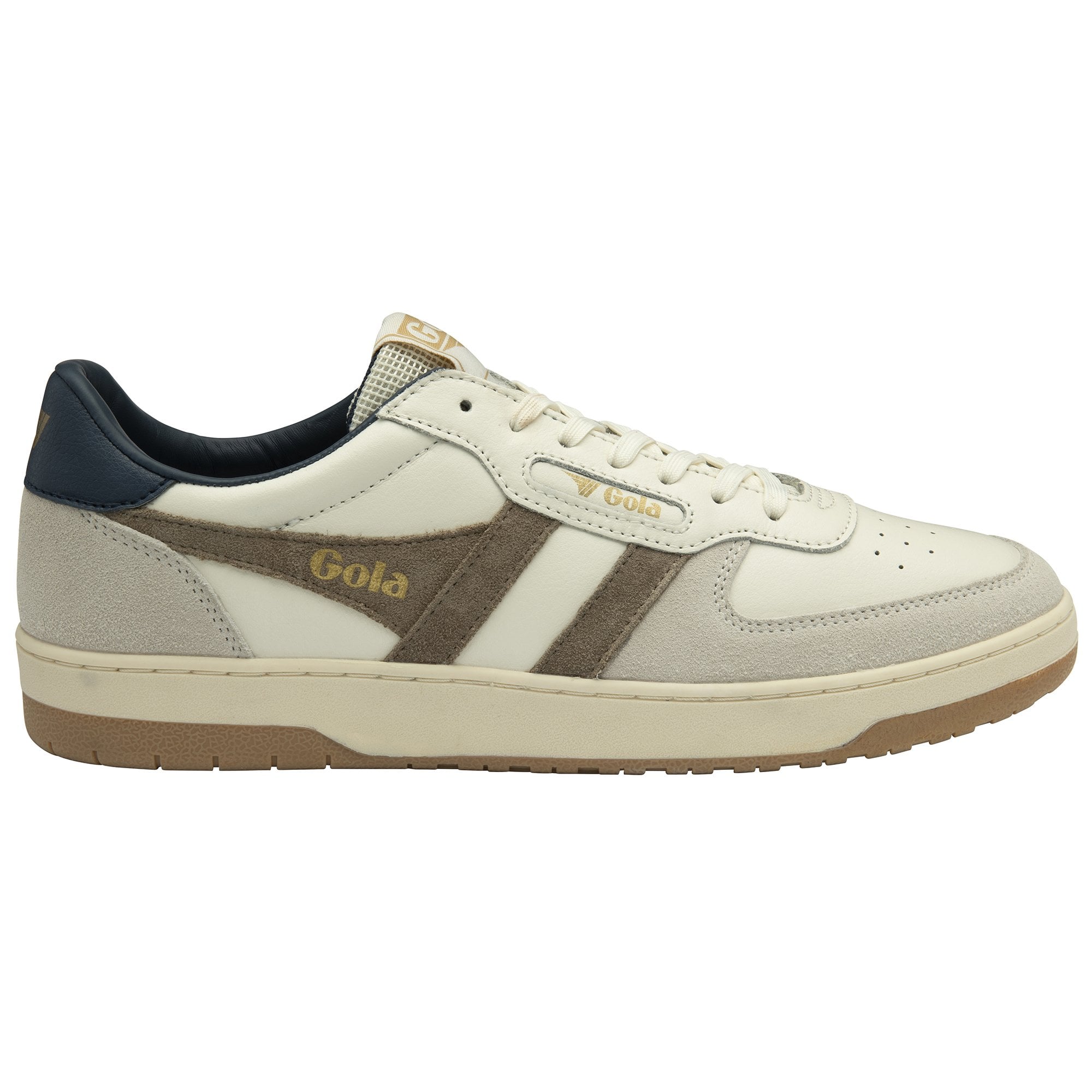 Right side view of a white Gola sneaker with brown stripes and a navy heel.