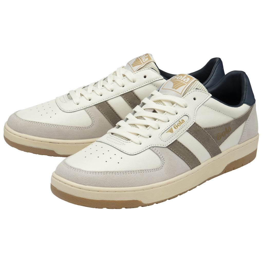 Pair of white Gola sneakers with brown stripes and navy heels on a white background.