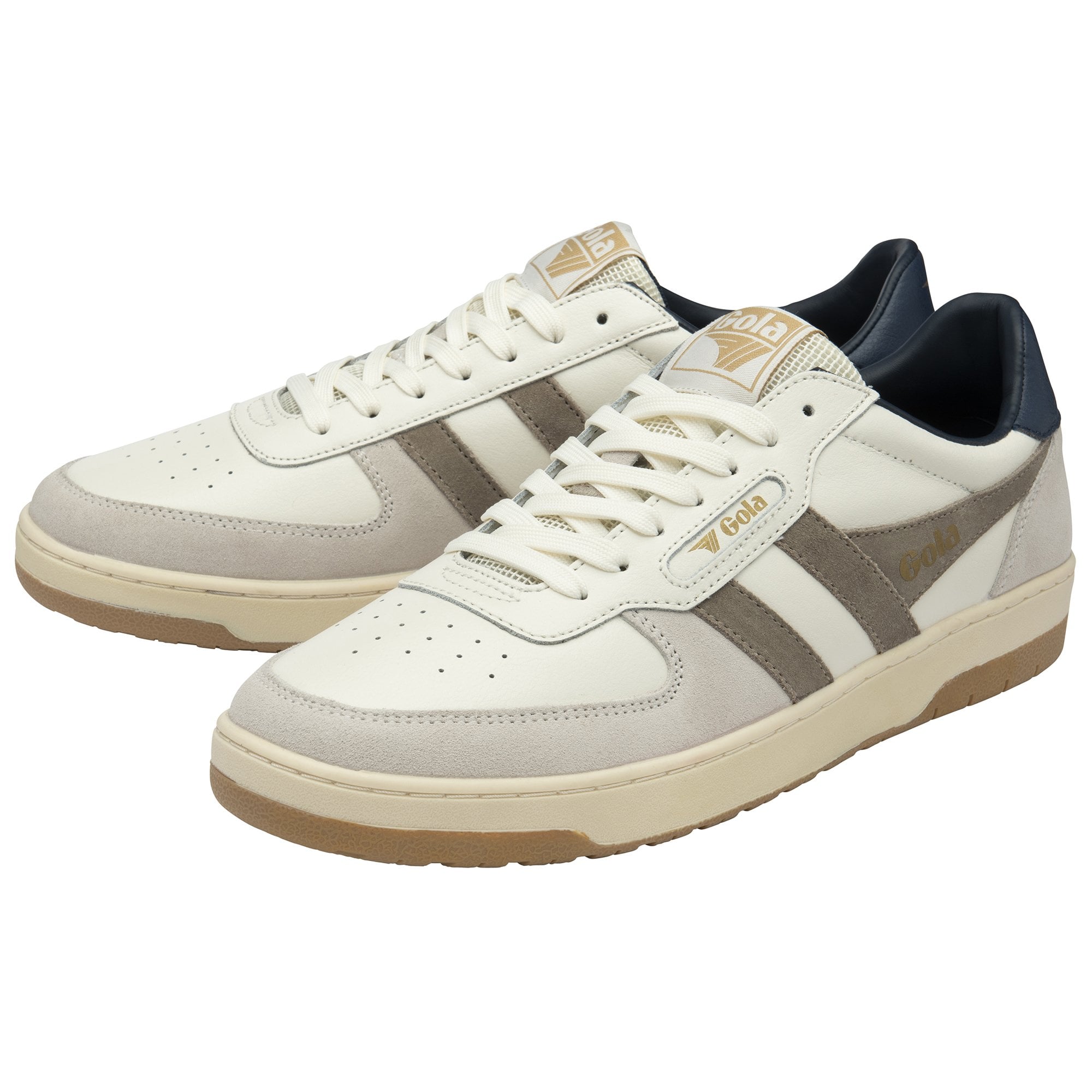 Pair of white Gola sneakers with brown stripes and navy heels on a white background.
