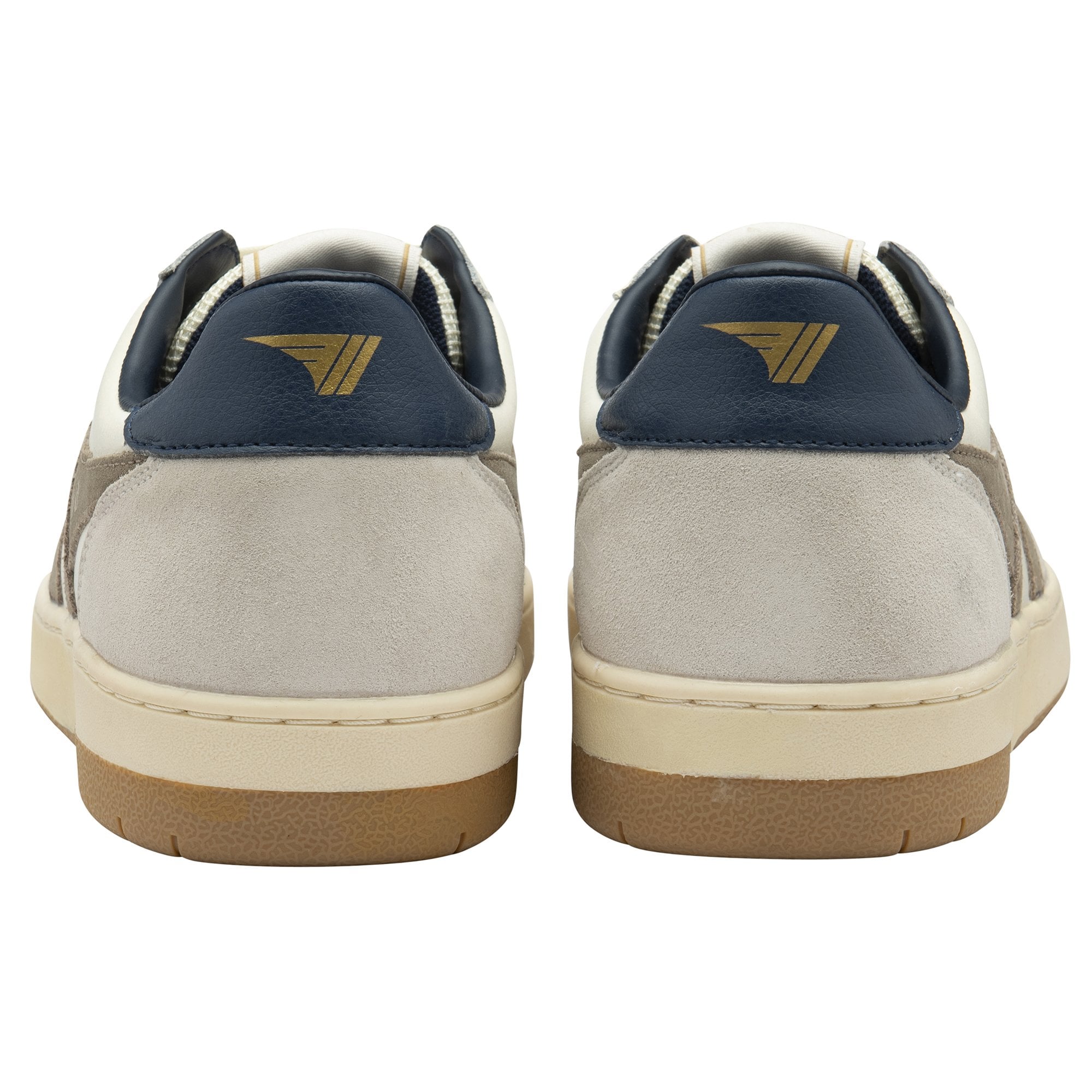 Rear view of a pair of white Gola sneakers with navy blue heels.