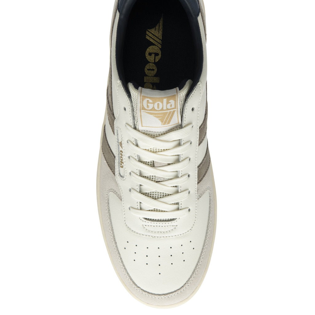 Top down view of a white Gola sneaker with brown stripes and white laces.