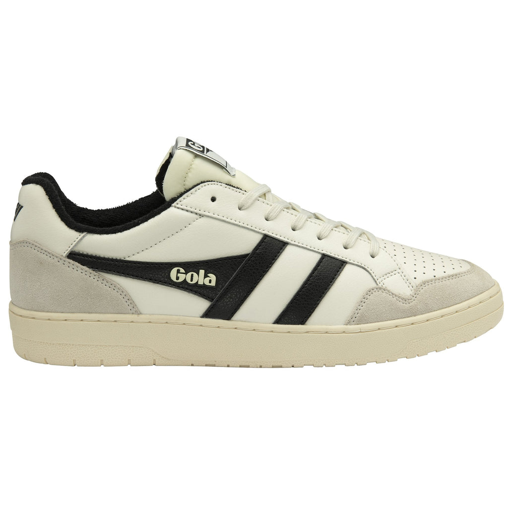 A single Gola low-top sneaker in white and black, viewed from the side.