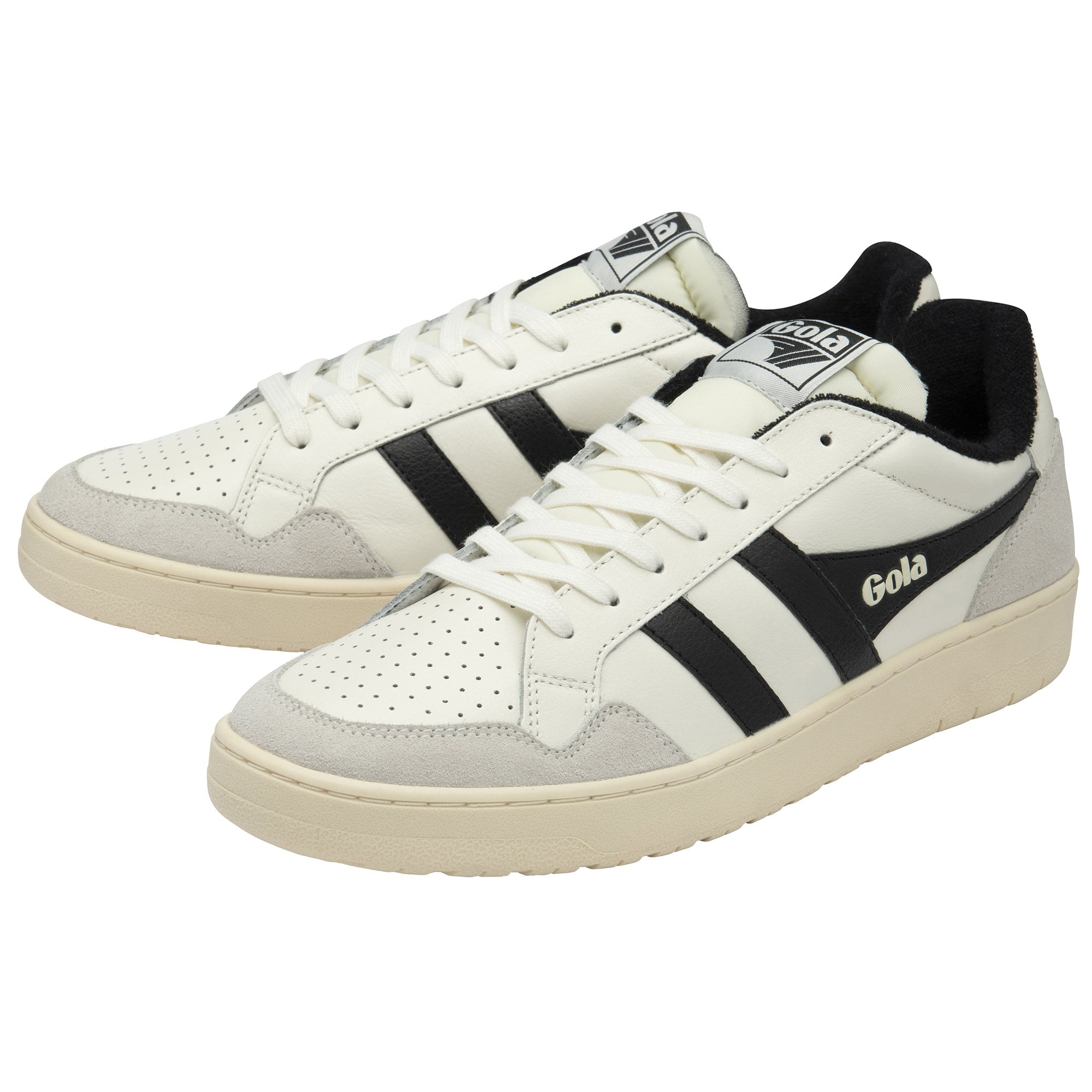 A pair of Gola low-top sneakers in white and black, viewed from the side.