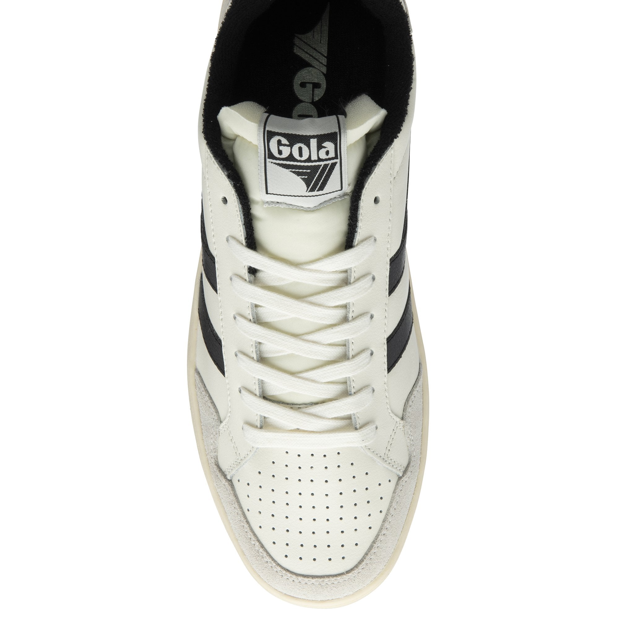 The top-down view of a single Gola low-top sneaker in white and black.