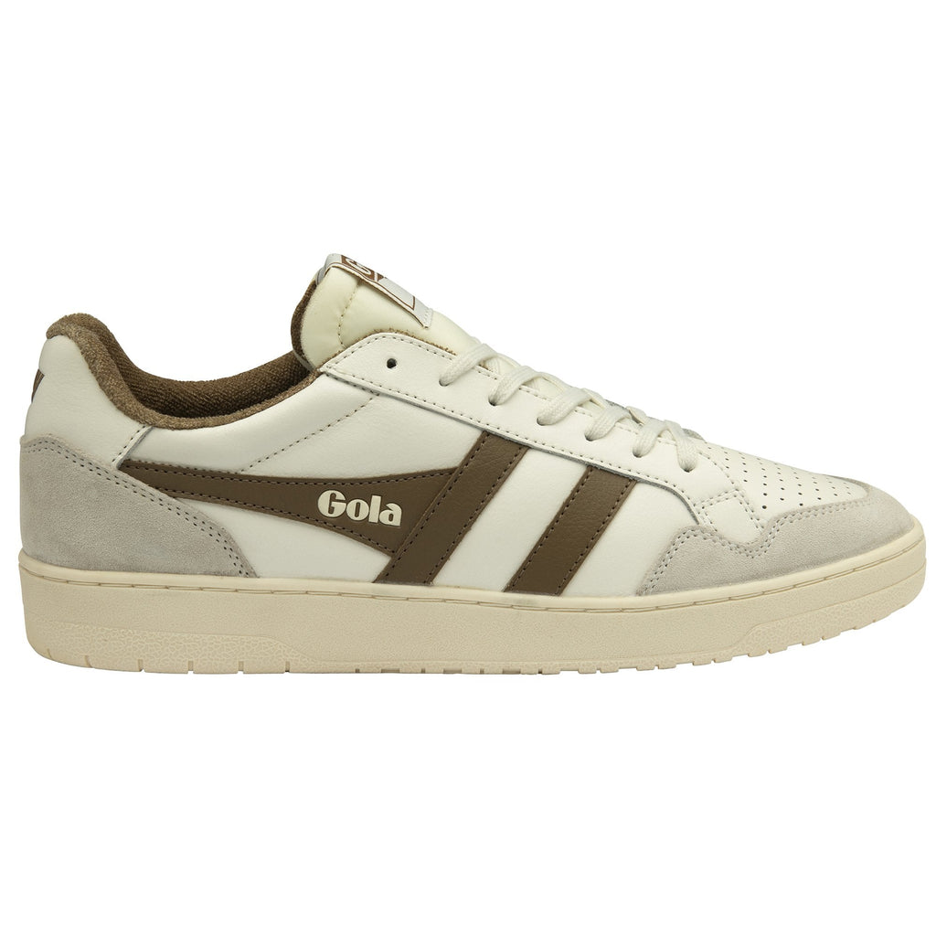 A white and brown Gola sneaker shown from the right side.