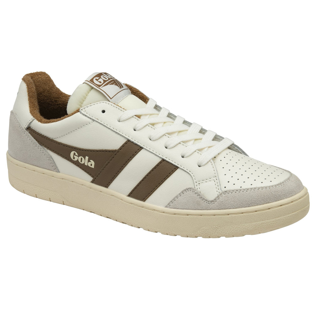 A white and brown Gola sneaker shown from the left side.