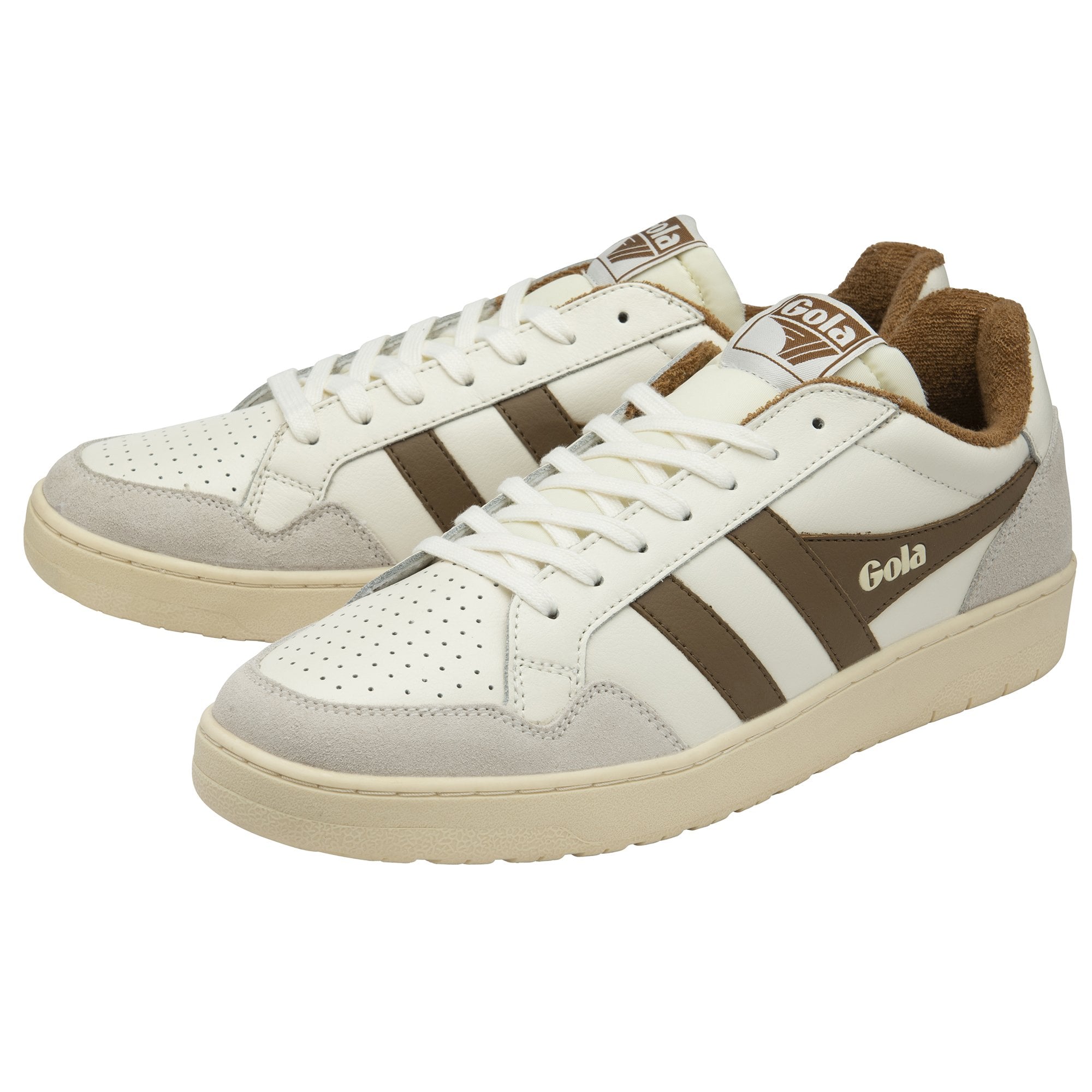 A pair of white and brown Gola sneakers.
