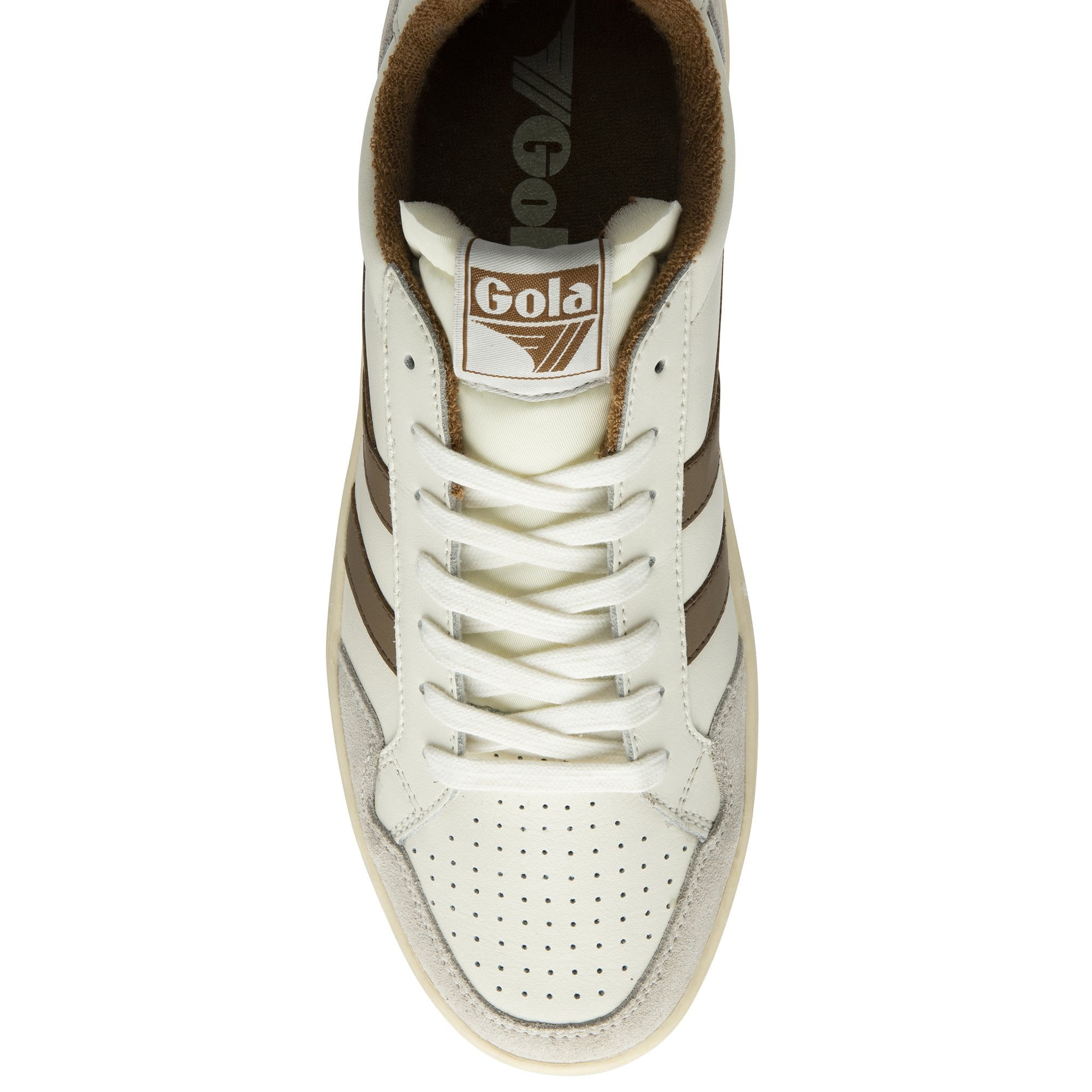 A white and brown Gola sneaker shown from above.