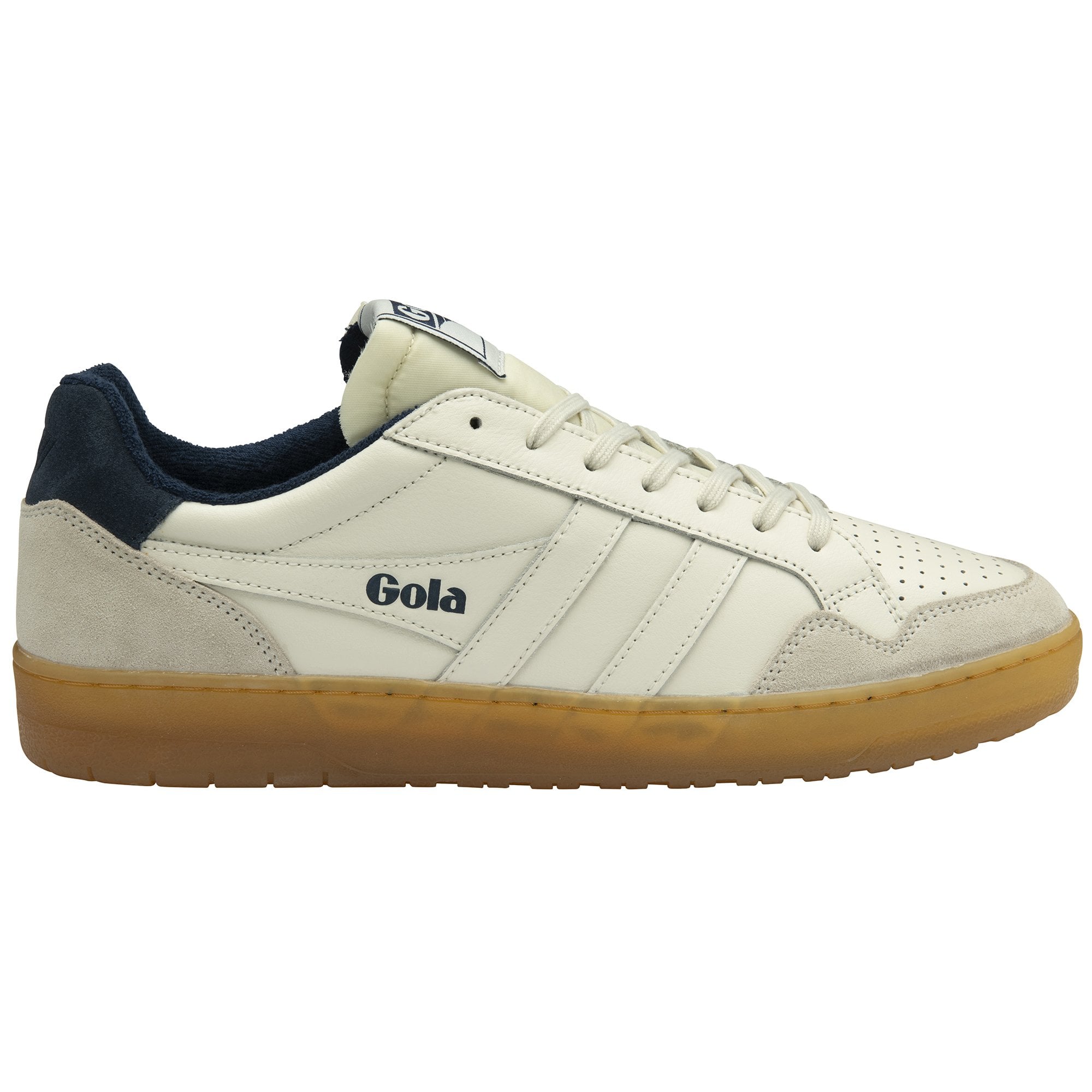 A single Gola men's Trainer in off-white with navy and a tan sole.