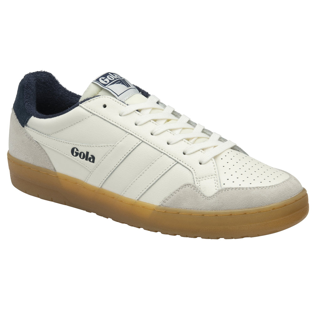 A single Gola men's Trainer in off-white with navy and a tan sole.