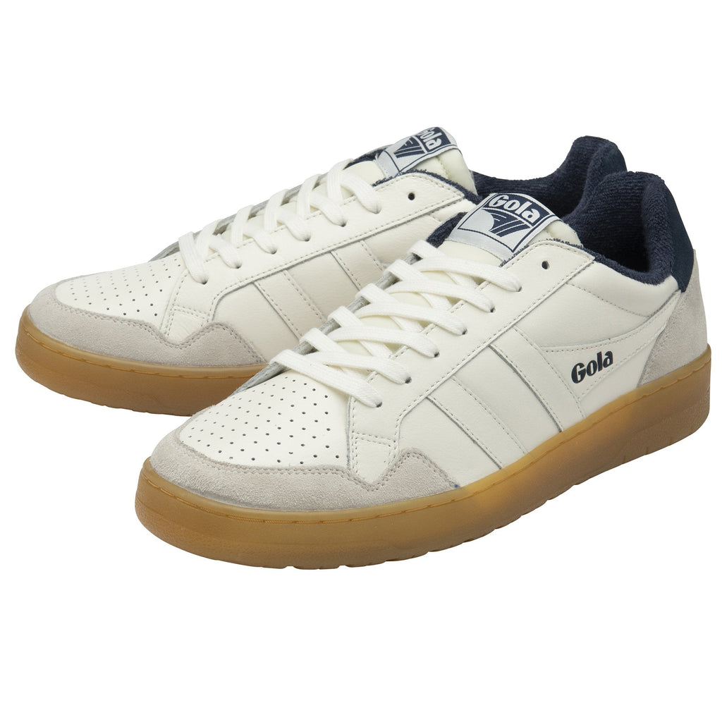 A pair of Gola men's Trainers in off-white with navy and a tan sole.