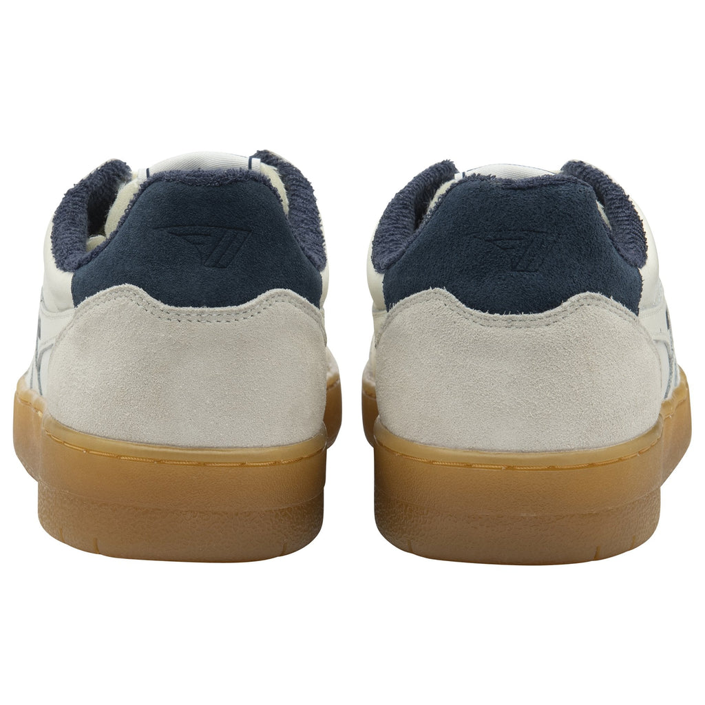 A rear view of a pair of Gola men's Trainers in off-white with navy and a tan sole.
