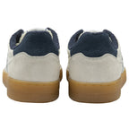 A rear view of a pair of Gola men's Trainers in off-white with navy and a tan sole.