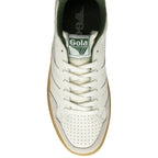 A top-down view of a Gola tennis shoe in off-white and green with a brown sole.