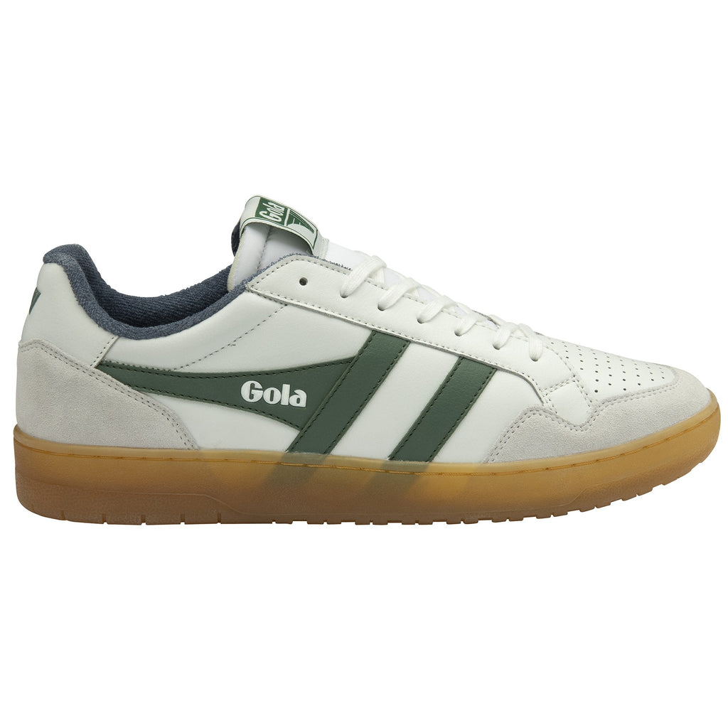 Side profile of a white Gola sneaker with green stripes and a gum sole.