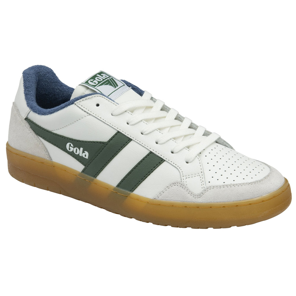 Front side view of a white Gola sneaker with green stripes and a gum sole.