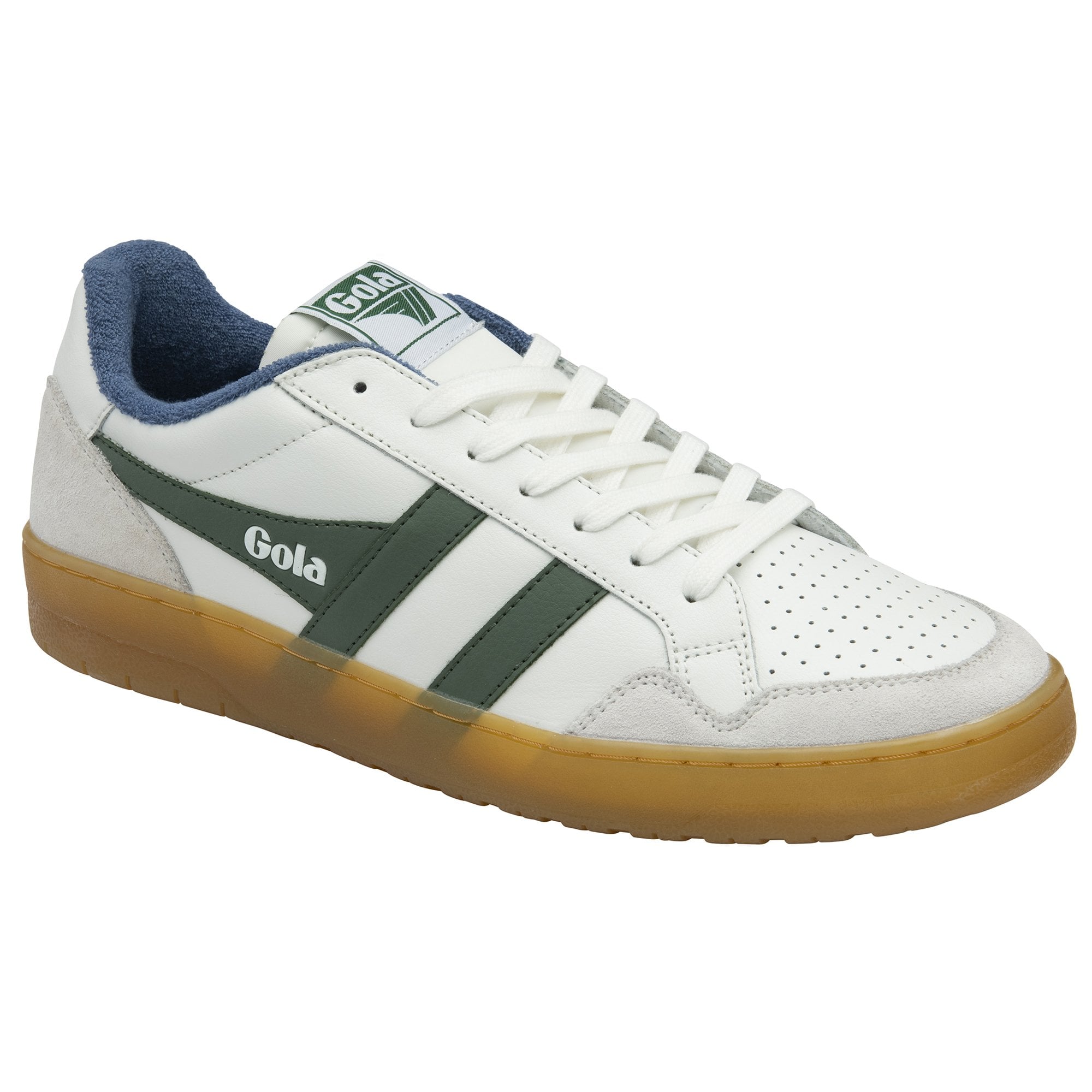 Front side view of a white Gola sneaker with green stripes and a gum sole.