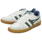 Pair of white Gola sneakers with green stripes and gum soles, angled for full view.