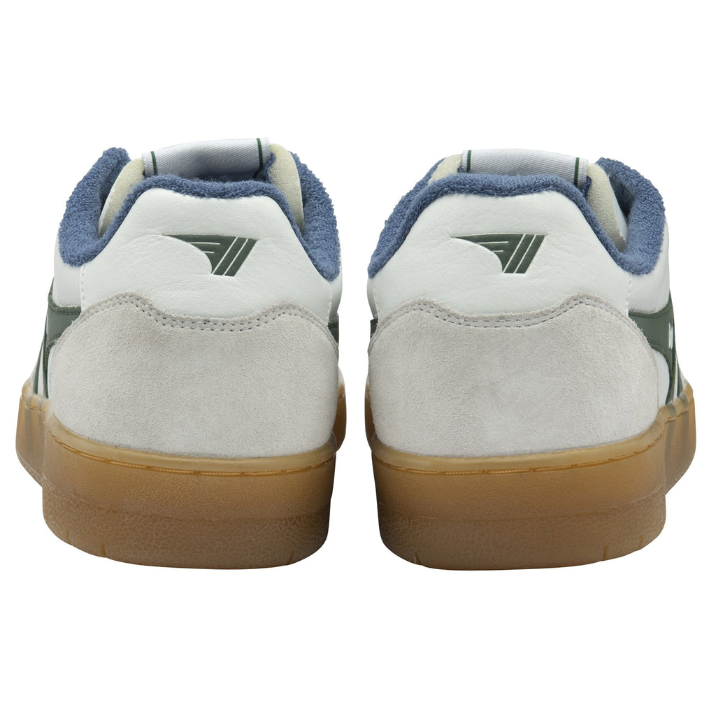 Back view of a pair of white Gola sneakers with a dark blue collar and gum soles.