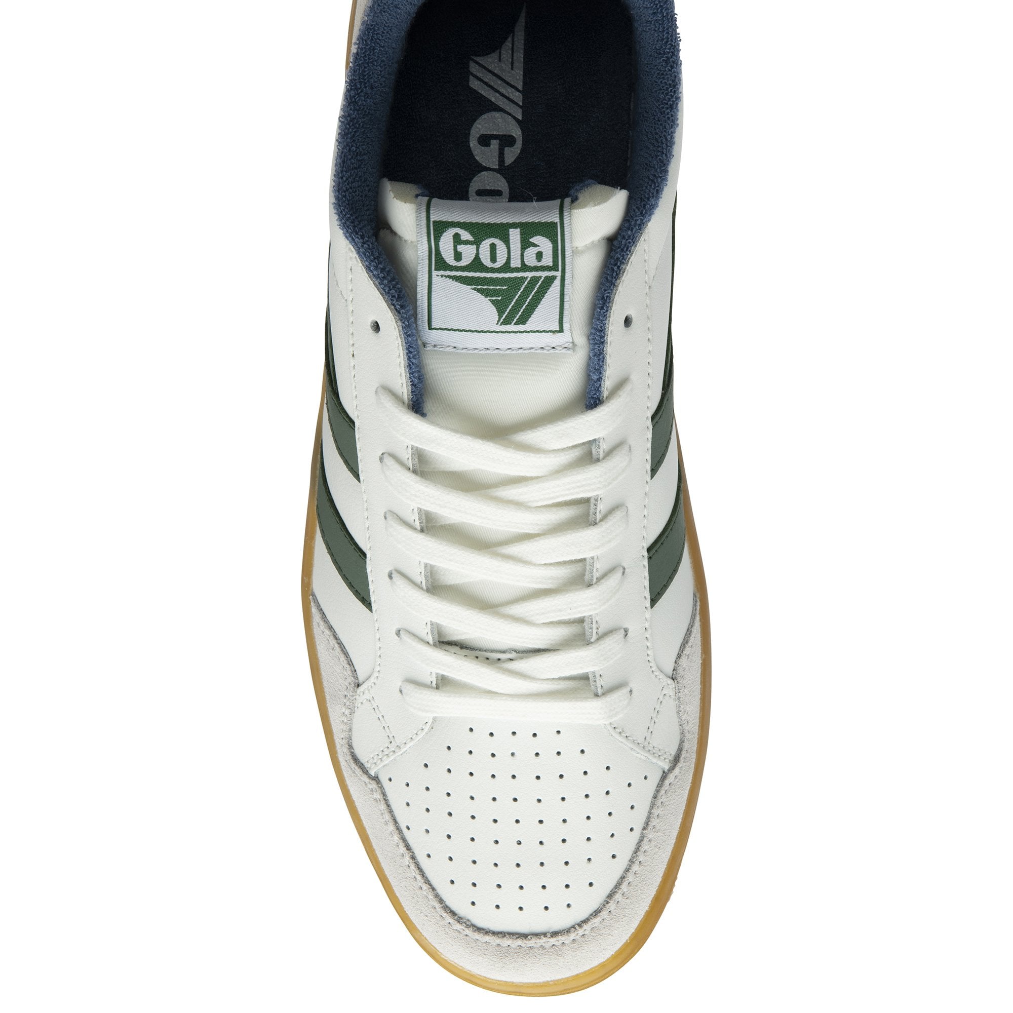 Top-down view of a white Gola sneaker with green stripes, blue collar, and gum sole.