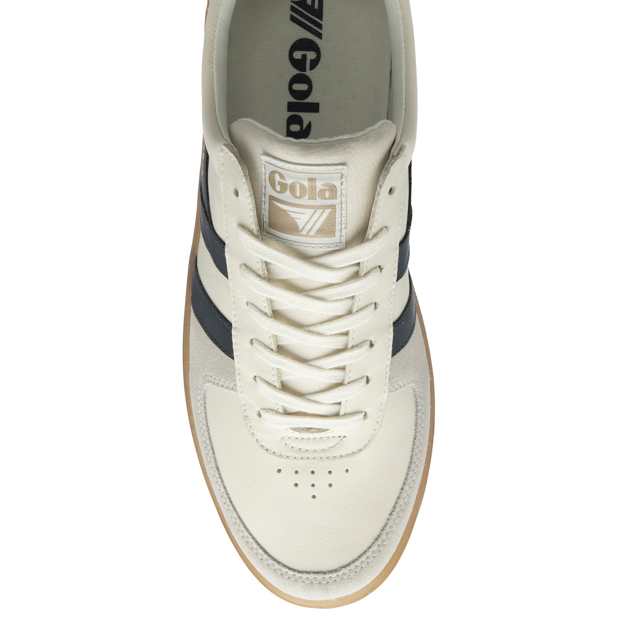 Top-down view of a Gola men's sneaker, displaying the laces and the Gola logo on the tongue.