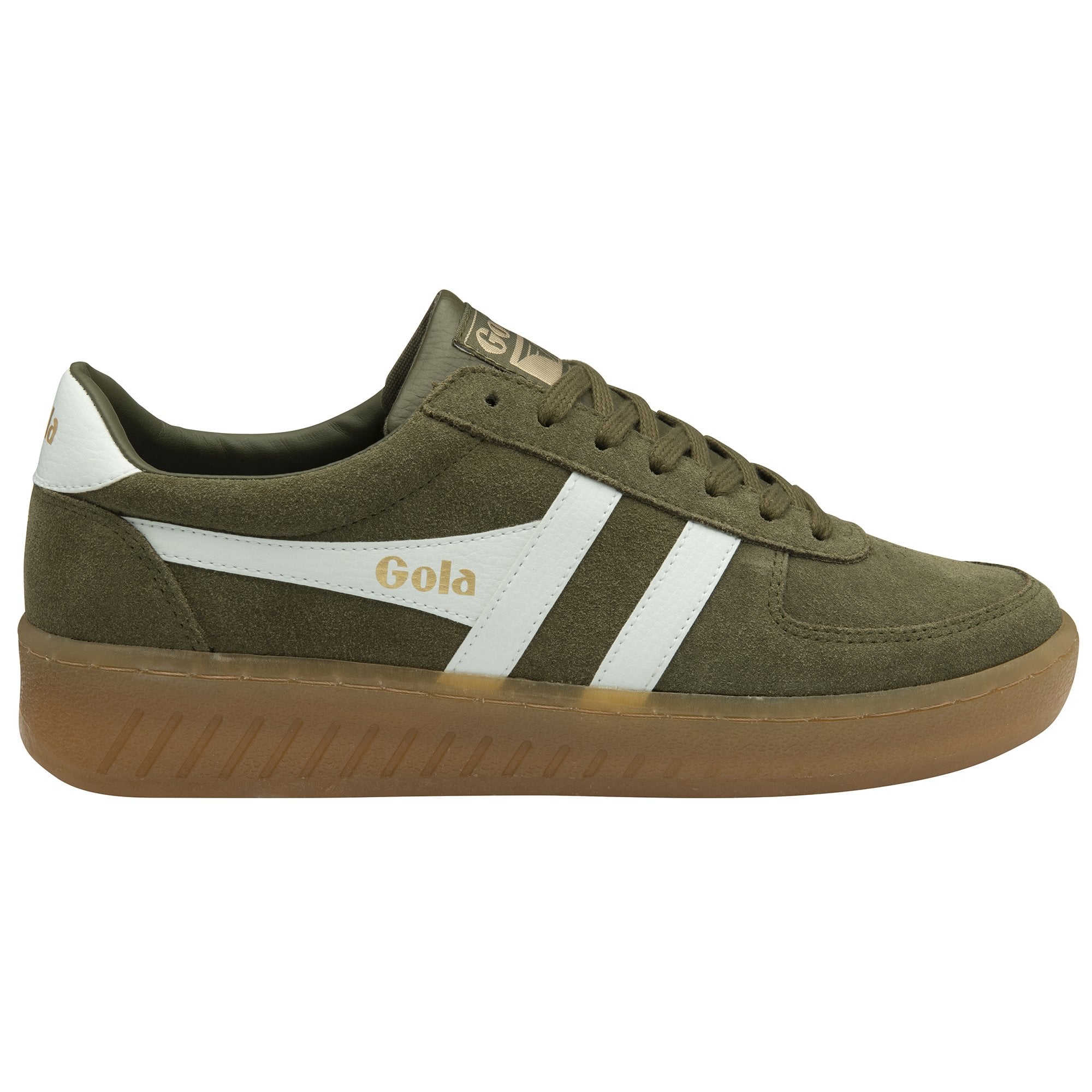 A single Gola women's low-top sneaker in olive green with white stripes and a gum sole.
