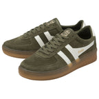 A pair of Gola women's low-top sneakers in olive green with white stripes and gum soles.