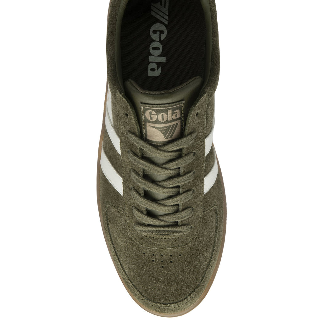 The top-down view of a single Gola women's low-top sneaker in olive green with white stripes.