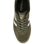 The top-down view of a single Gola women's low-top sneaker in olive green with white stripes.