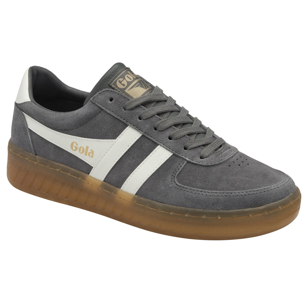 A gray Gola sneaker with white stripes and a gum sole, angled slightly from the side.