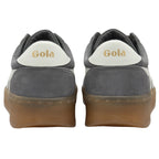 The back view of a pair of gray Gola sneakers with white heel tabs and gum soles.