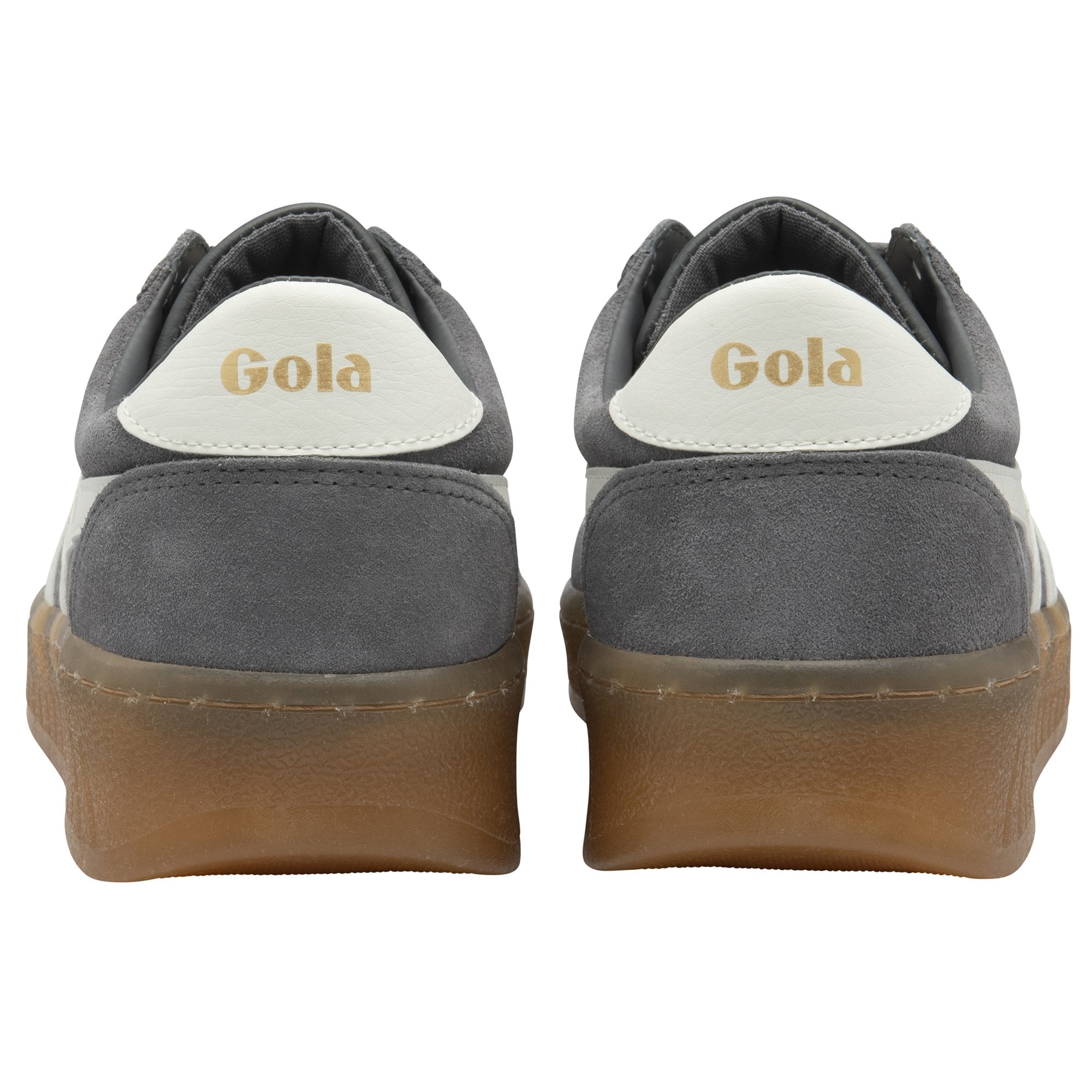 The back view of a pair of gray Gola sneakers with white heel tabs and gum soles.