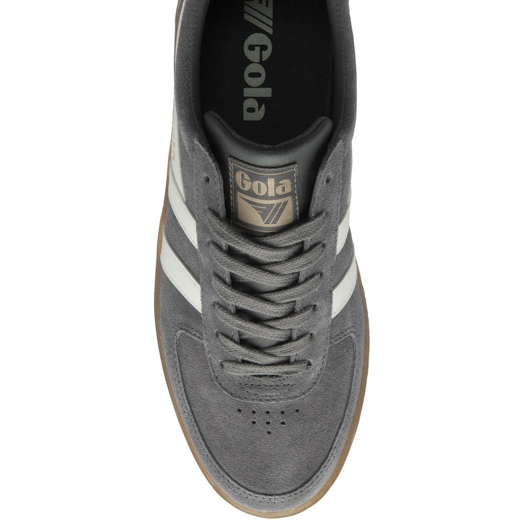 An overhead view of a single gray Gola sneaker with white stripes and a gum sole.
